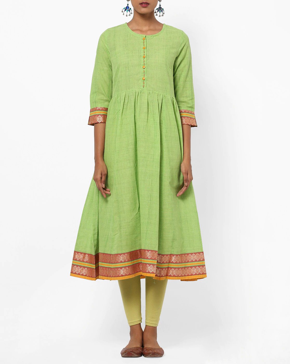 Textured A-line Kurta Green  L
