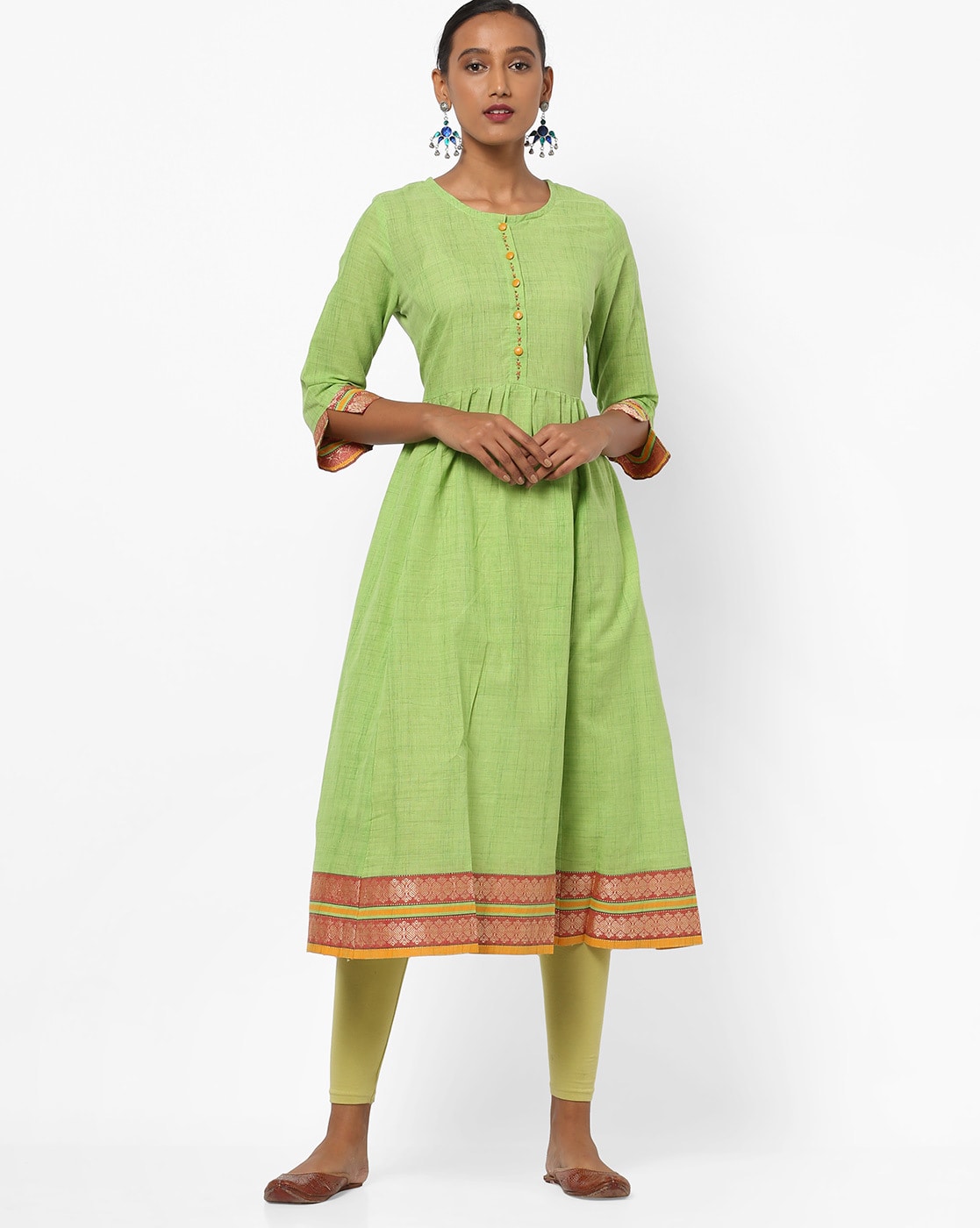 Textured A-line Kurta Green  L