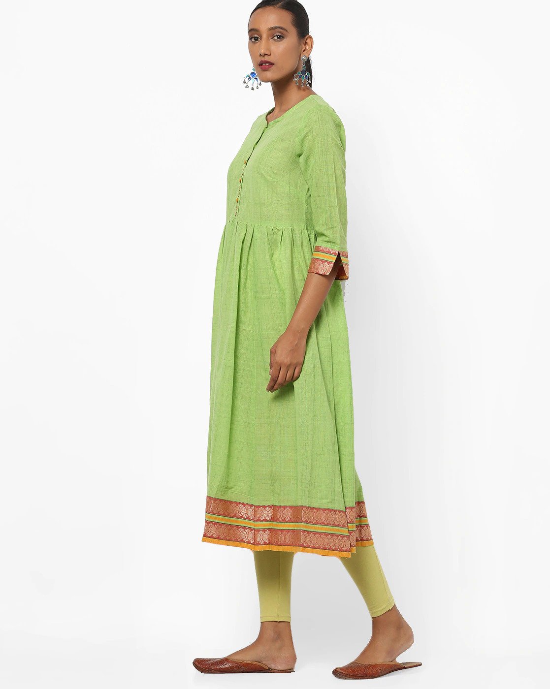 Textured A-line Kurta Green  L
