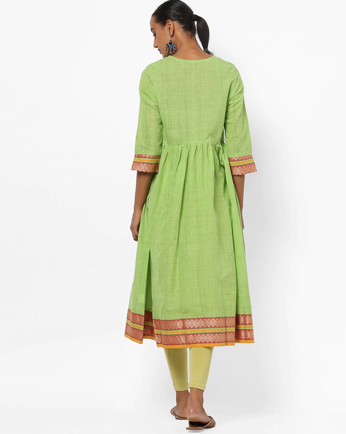 Textured A-line Kurta Green  L