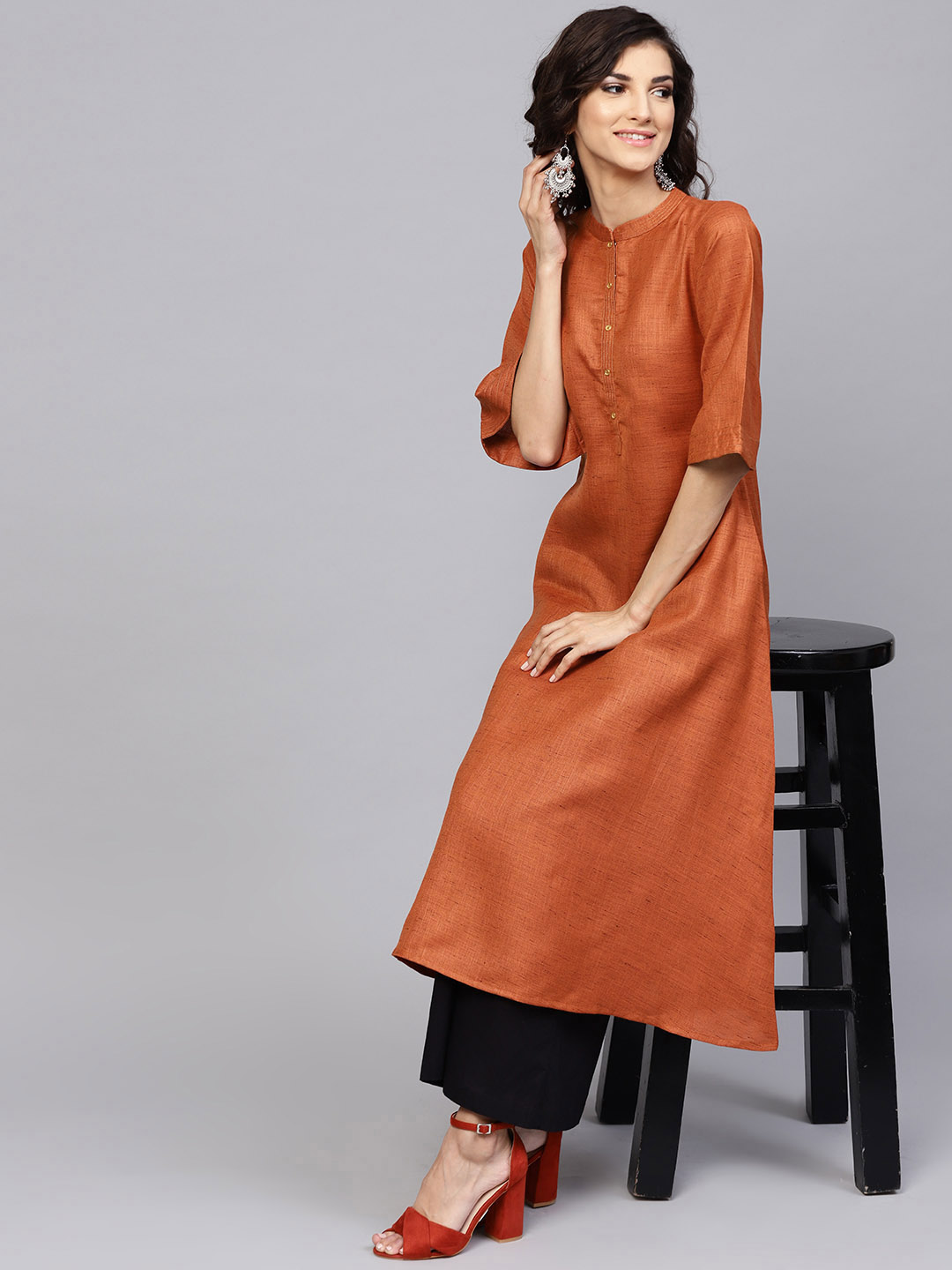 Rust Orange Solid A-Line Kurta : XL