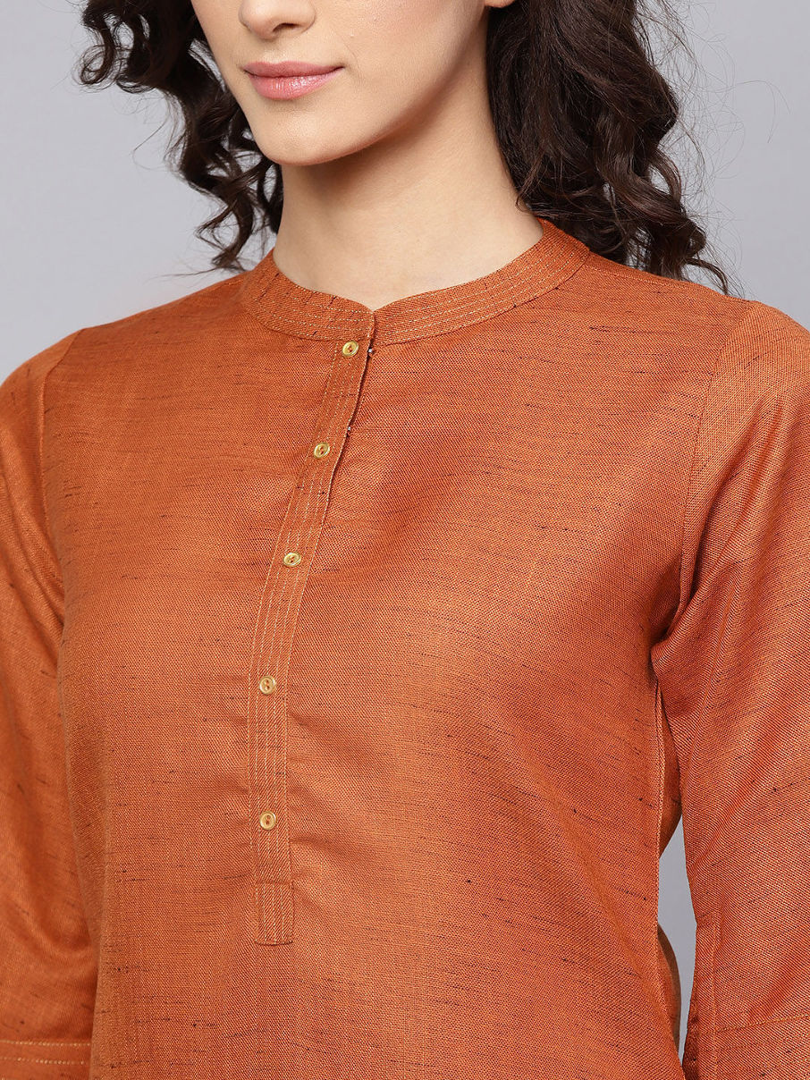 Rust Orange Solid A-Line Kurta : XL
