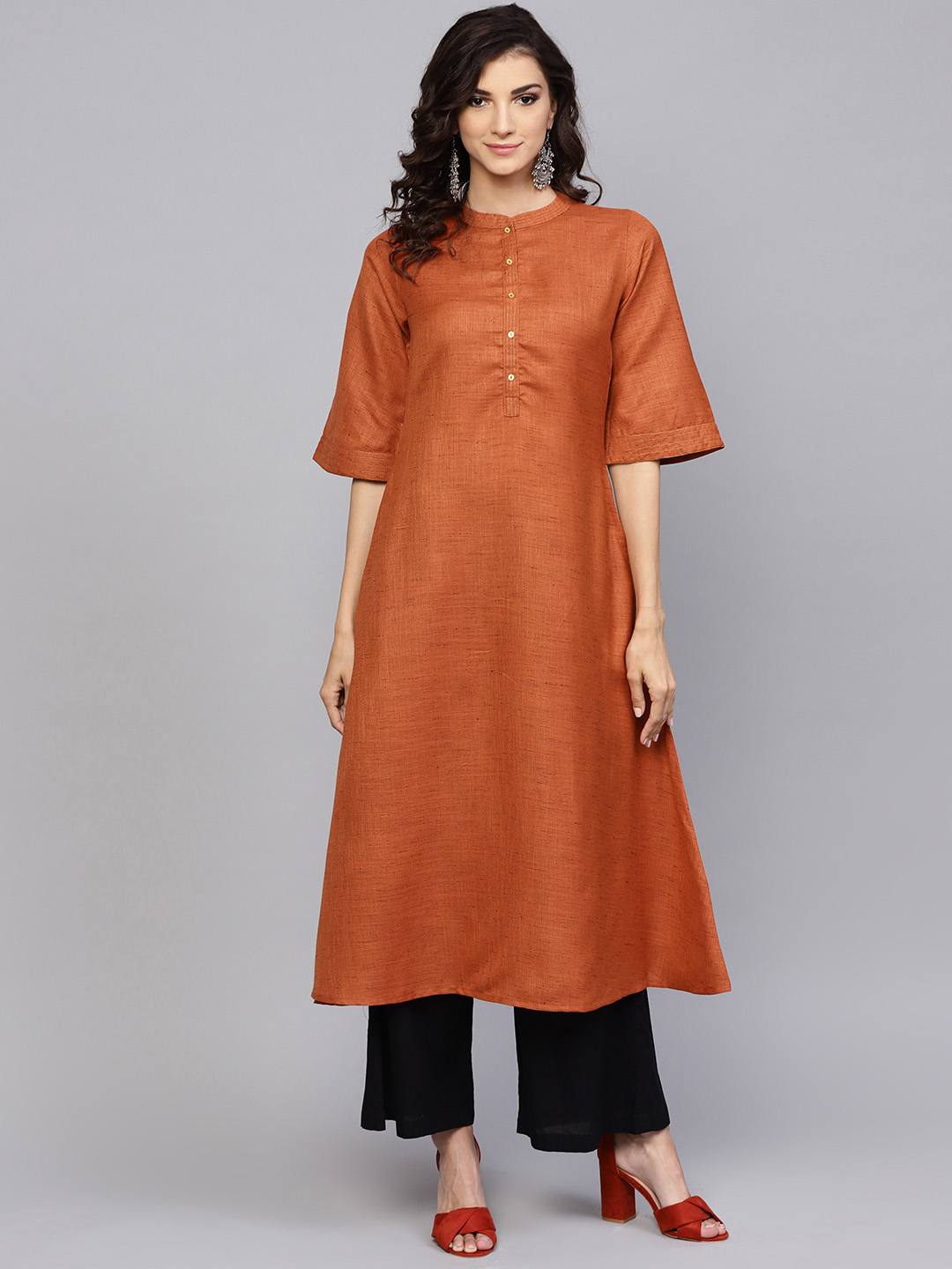 Rust Orange Solid A-Line Kurta : XL