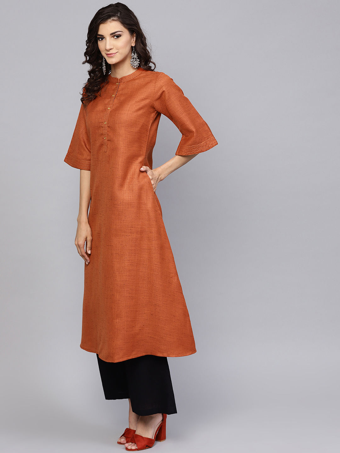 Rust Orange Solid A-Line Kurta : XL