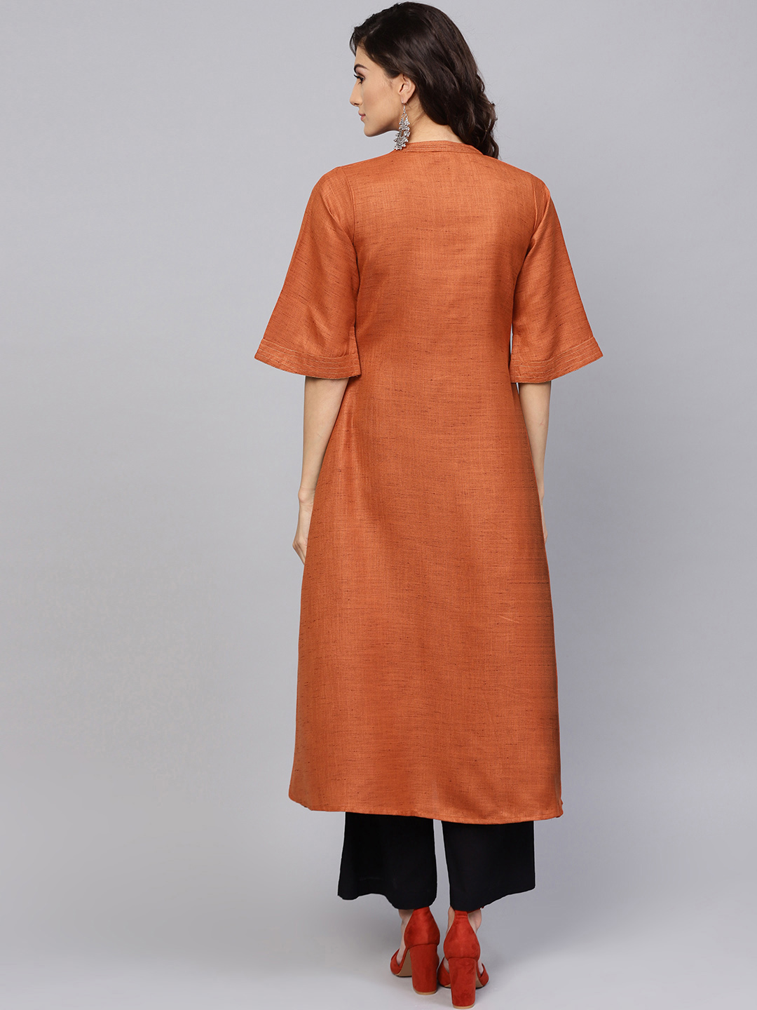 Rust Orange Solid A-Line Kurta : XL