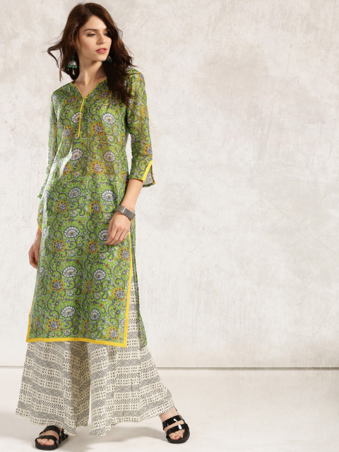 Green Printed Straight Kurta L