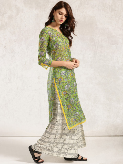 Green Printed Straight Kurta L