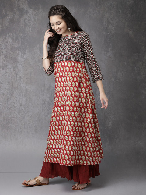 Maroon & Black Printed A-Line Kurta M