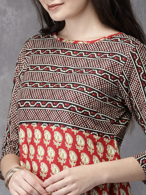 Maroon & Black Printed A-Line Kurta M