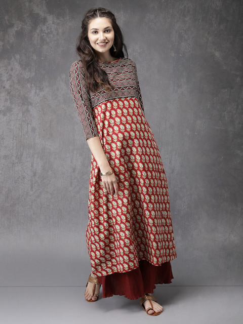 Maroon & Black Printed A-Line Kurta M