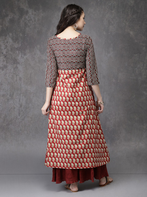 Maroon & Black Printed A-Line Kurta M