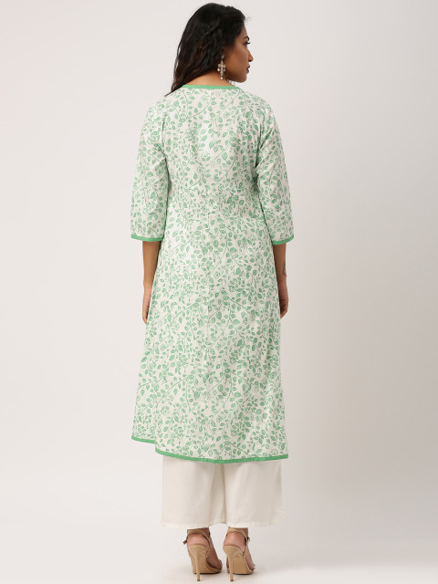 White & Green Printed A-Line Kurta : XL