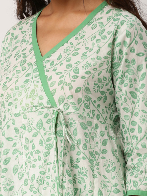 White & Green Printed A-Line Kurta : XL