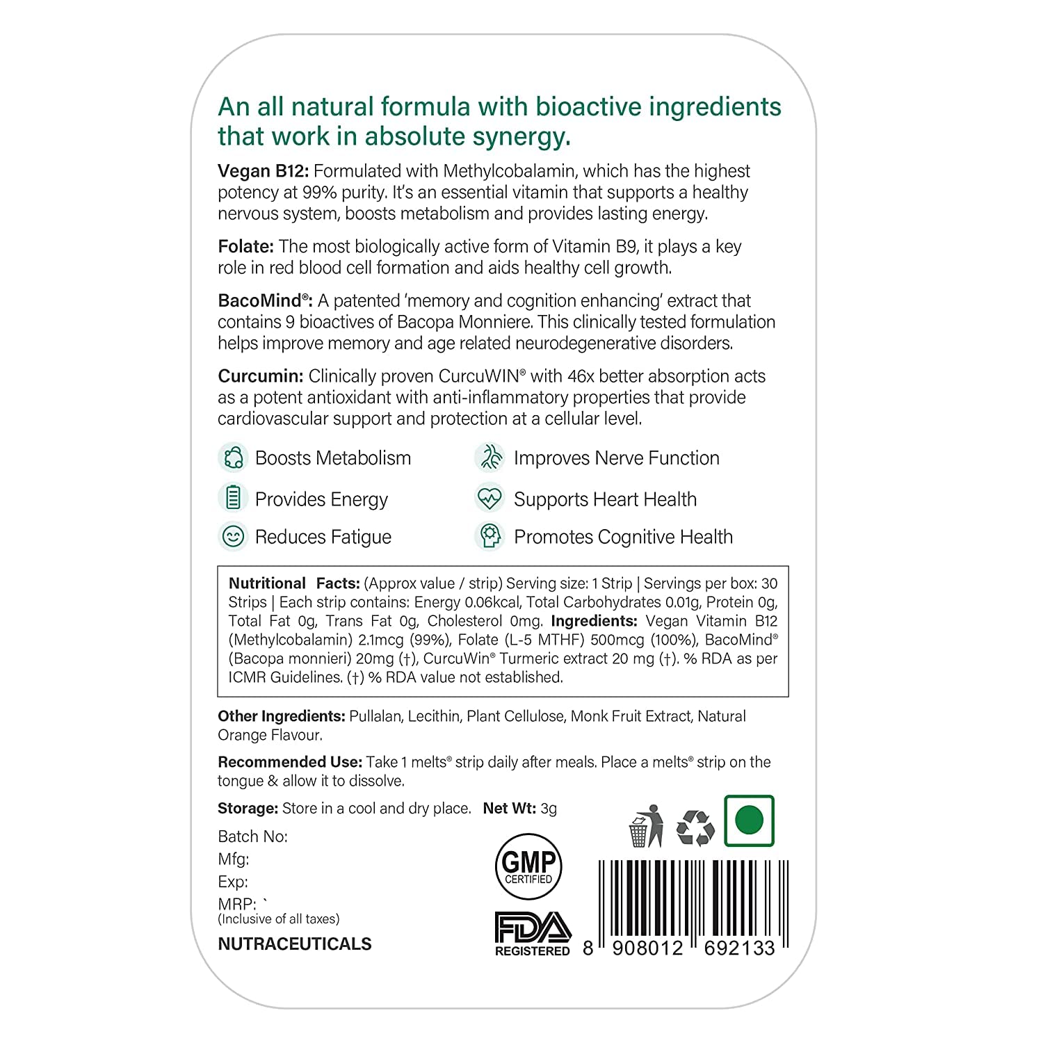 Wellbeing Nutrition Melts Vegan Vitamin B12 (Methylcobalamin)