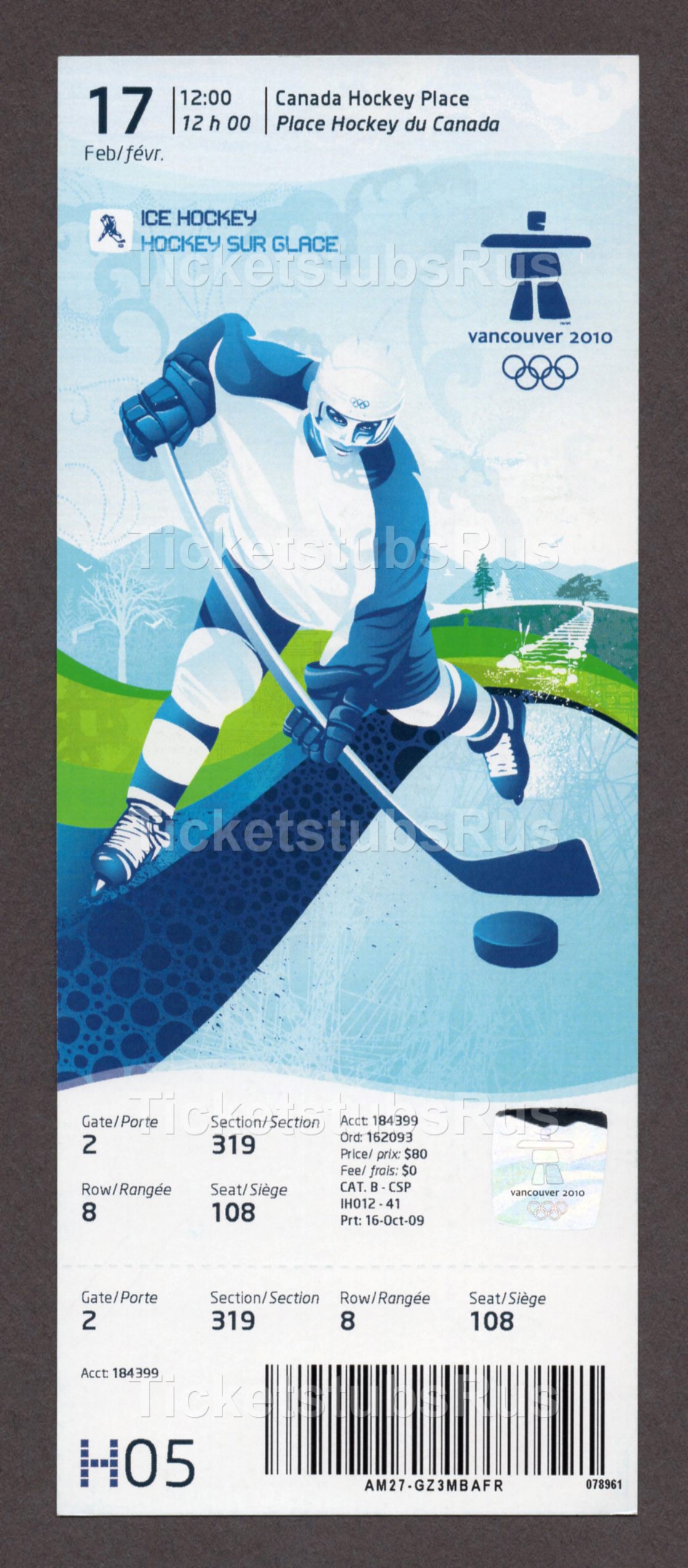 2010 Vancouver Olympics Men's Ice Hockey Ticket FINLAND vs BELARUS 2/17