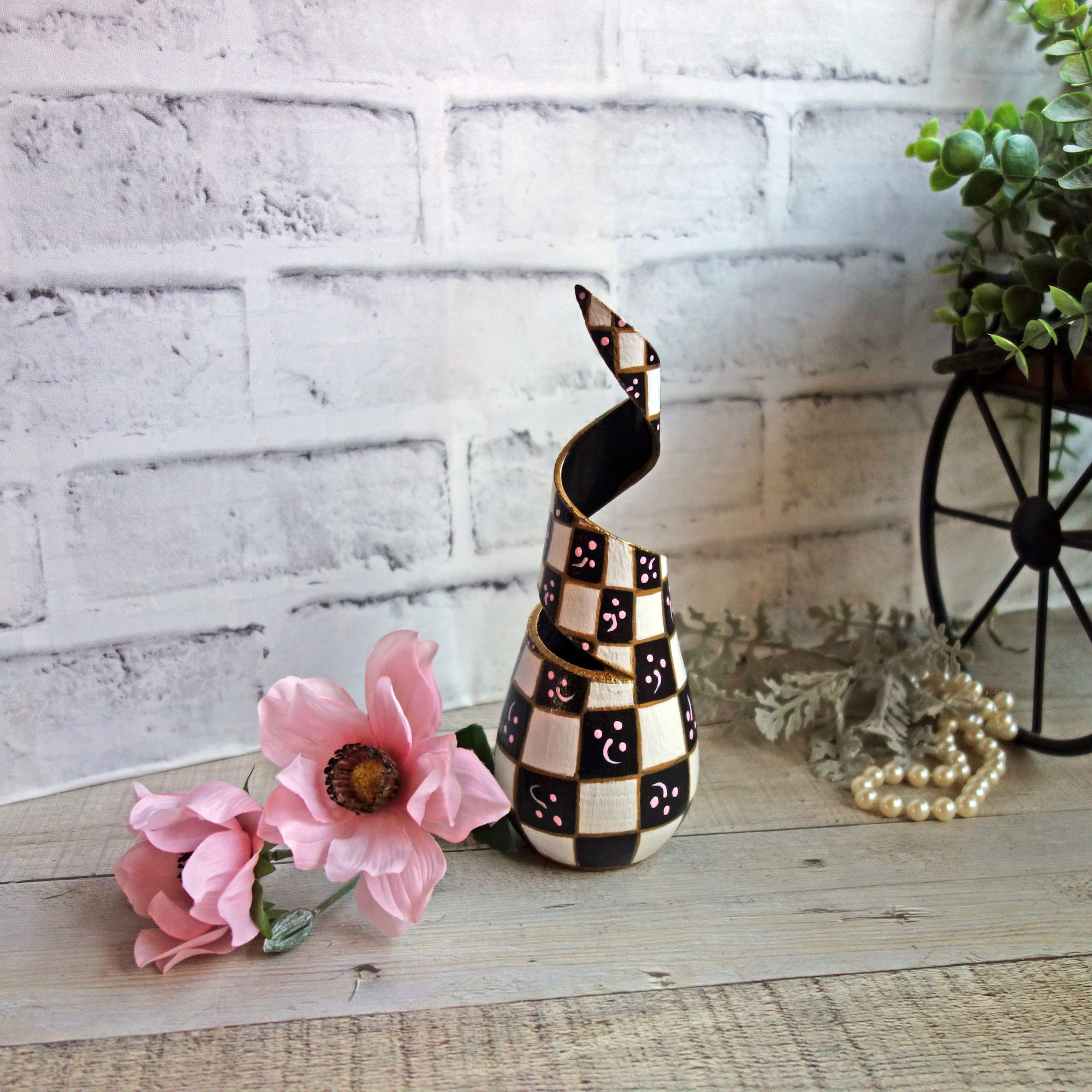Whimsical Checked Swirl Vase with Pink Anemones