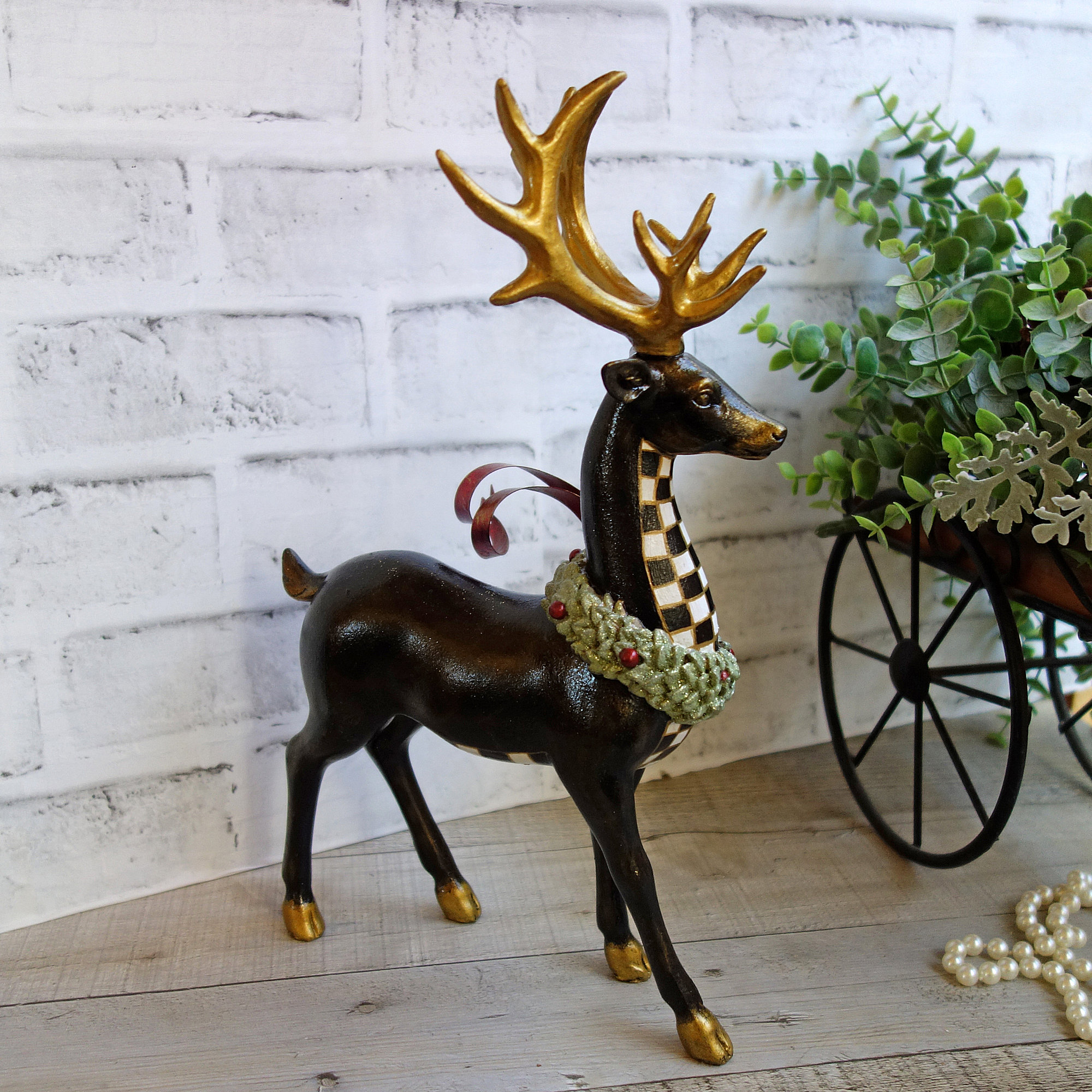 Checked Reindeer Checked Mantle Decor