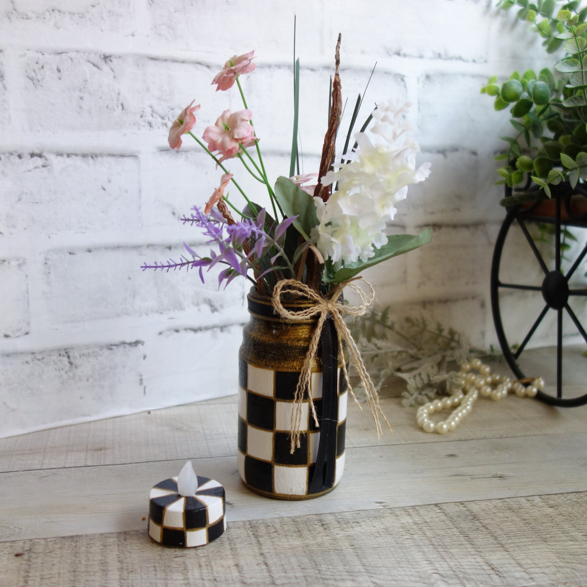 Checked Vase and Tea Light Candle Small Wildflower Arrangement