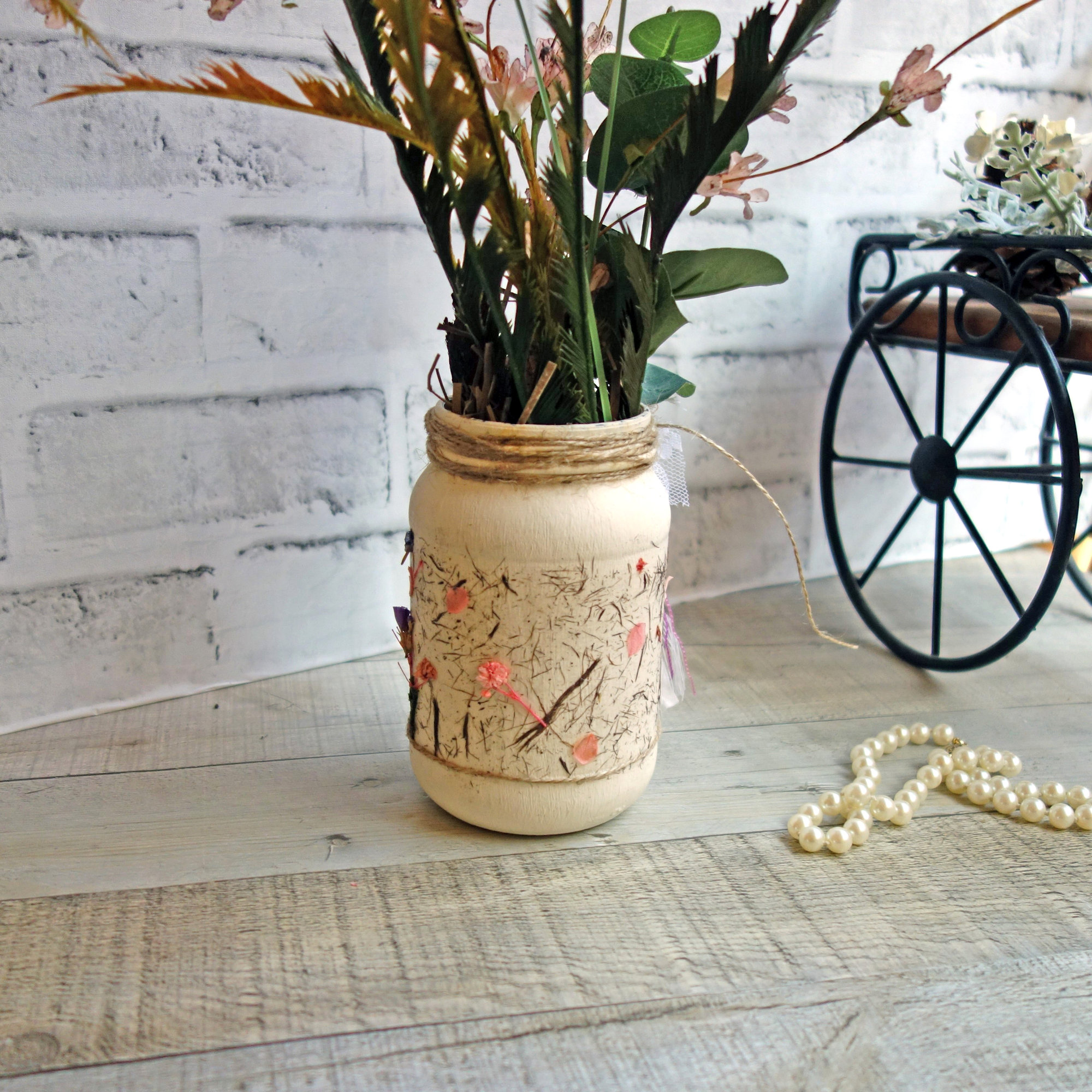 Vintage Songbird Vase Wildflower Arrangement