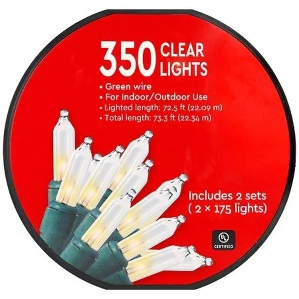 Festive Voice 350 Clear Mini Lights Green Wire 73.3ft Christmas Light Reel