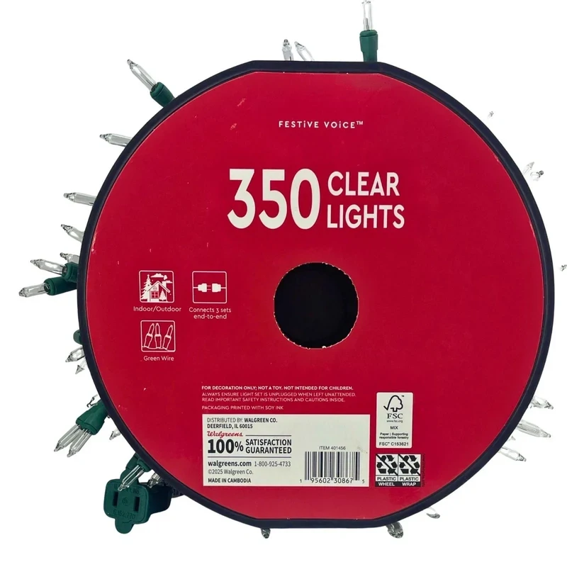 Festive Voice 350 Clear Mini Lights Green Wire 73.3ft Christmas Light Reel