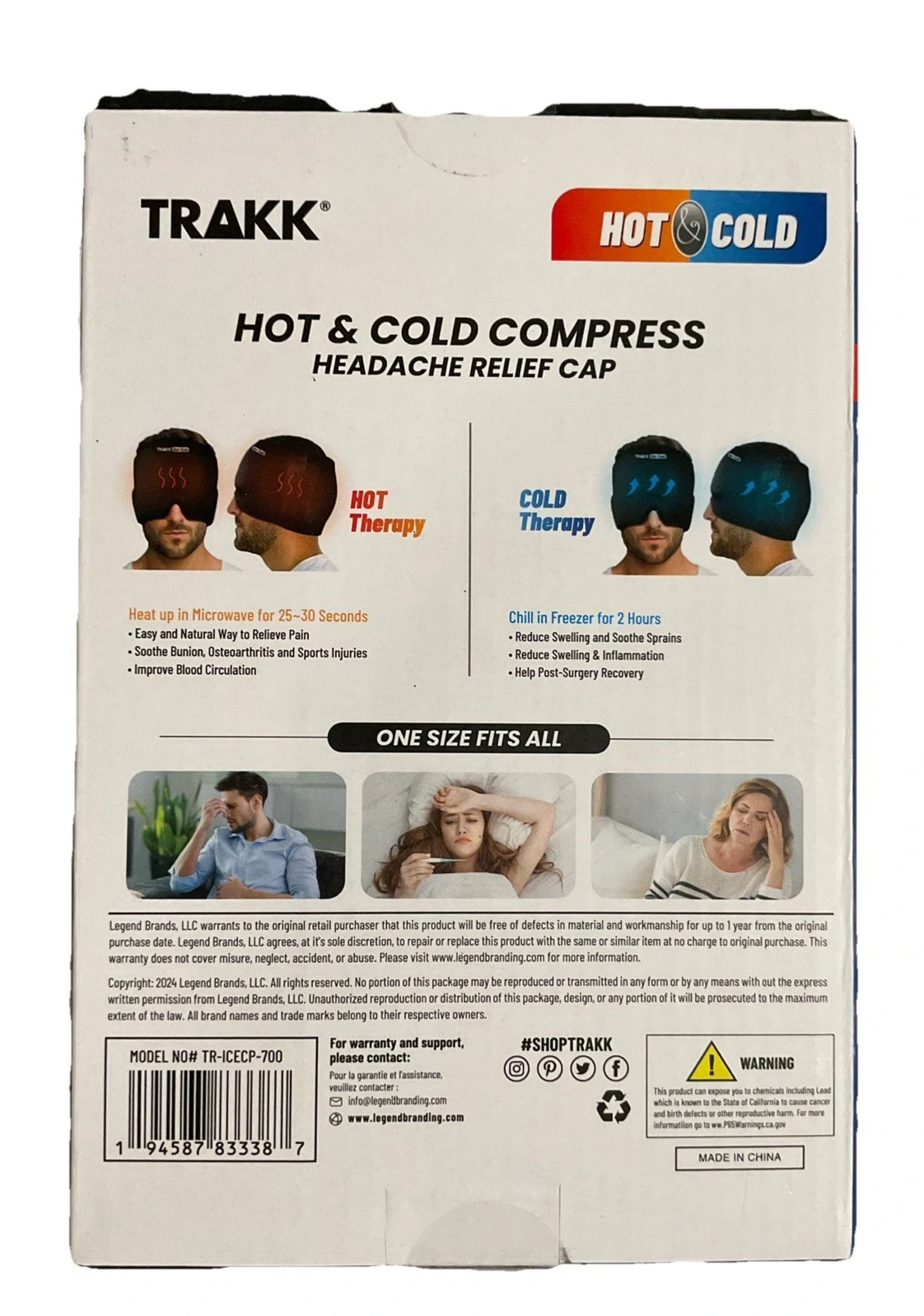 Trakk Hot And Cold Compress Headache Relief Cap One Size Fits All New