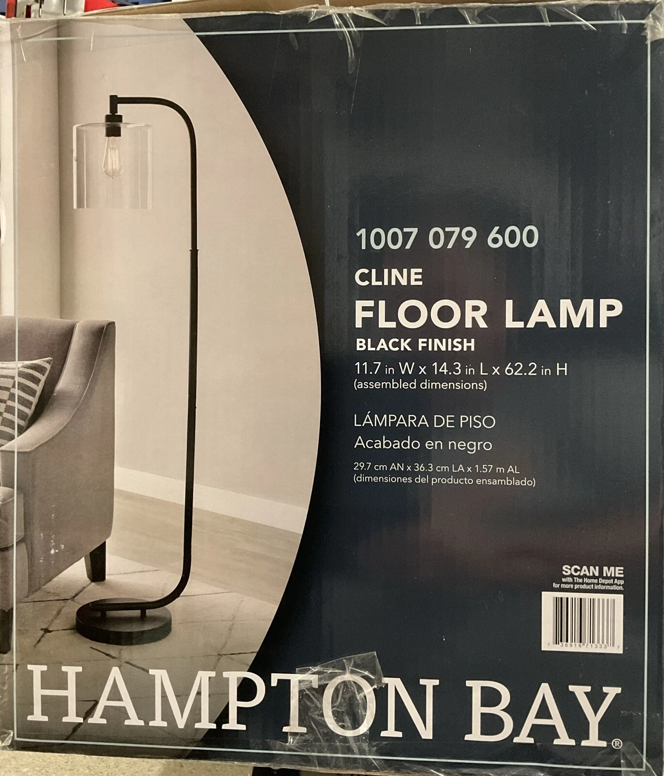 62.5 in. 1-Light Black Floor Lamp with Clear Glass Lamp Shade Hampton Bay Cline