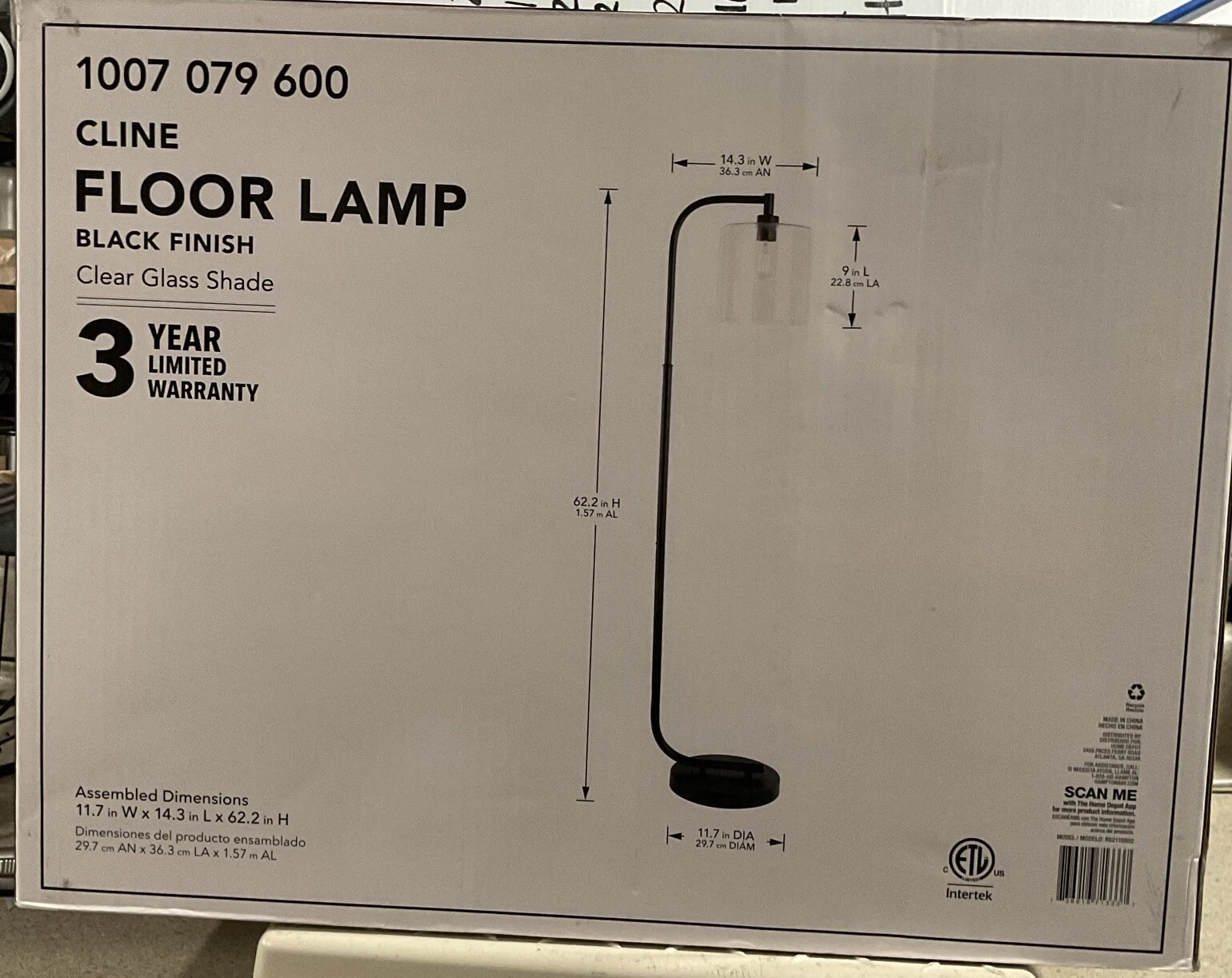 62.5 in. 1-Light Black Floor Lamp with Clear Glass Lamp Shade Hampton Bay Cline