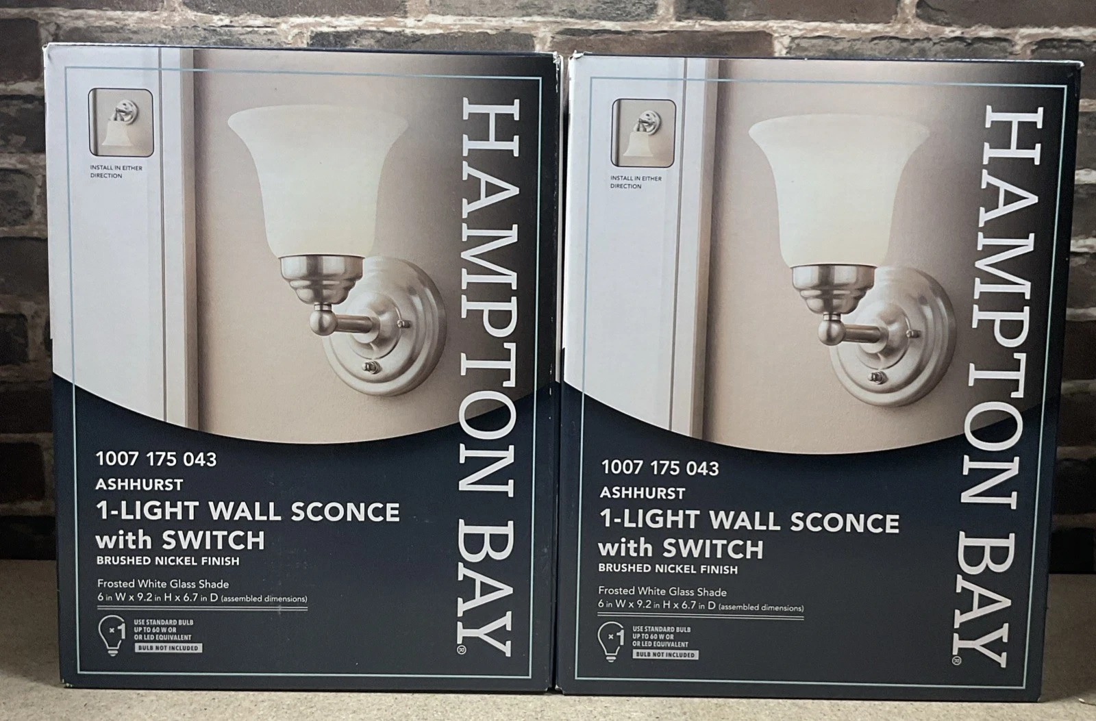Lot of 2 Hampton Bay Ashurst Brushed Nickel Wall 1- Light Sconces with Switch