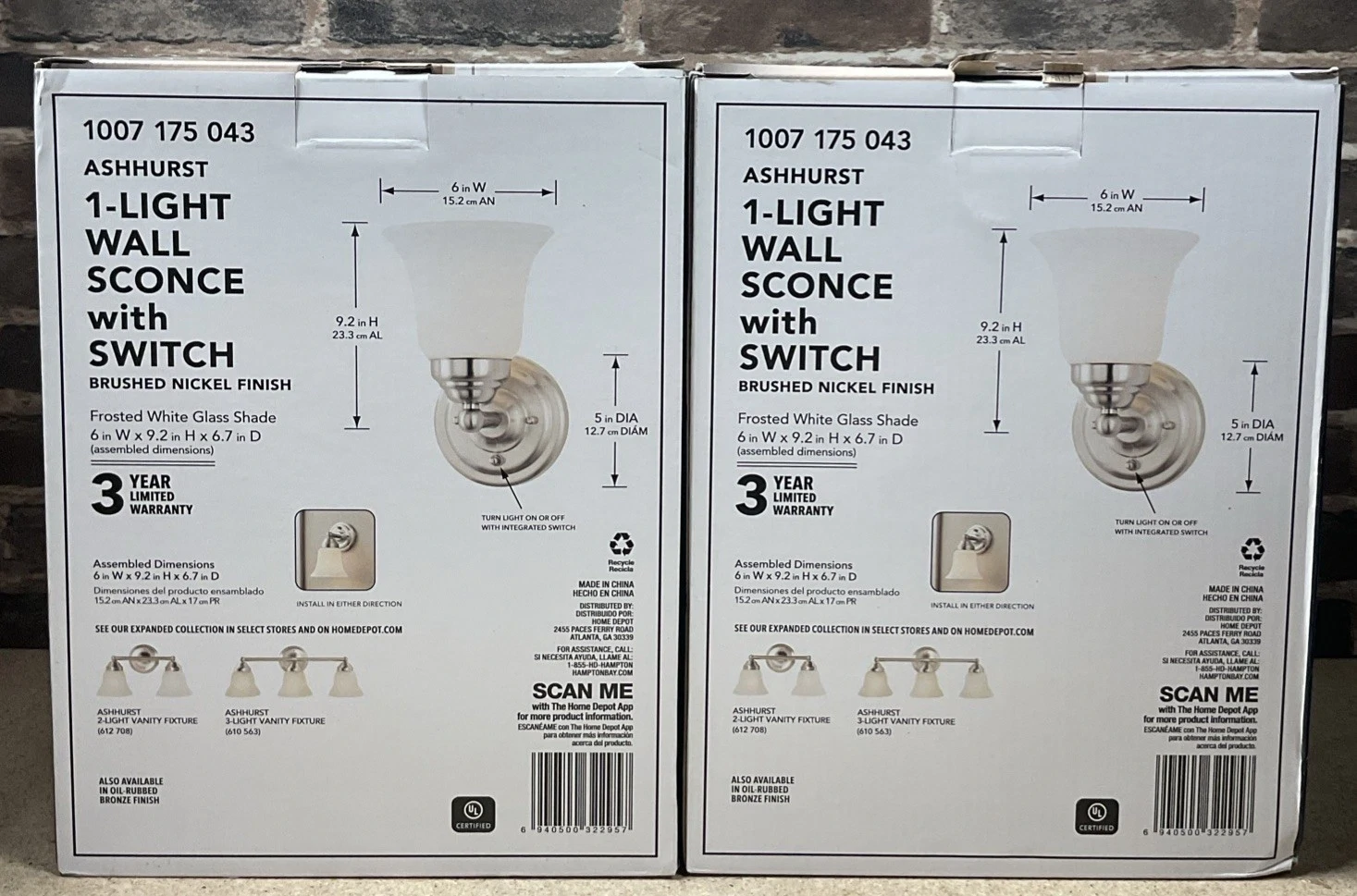 Lot of 2 Hampton Bay Ashurst Brushed Nickel Wall 1- Light Sconces with Switch