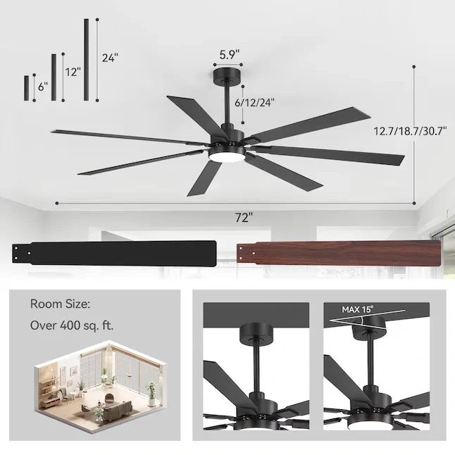 Breezary 7 Blade 72 in. 6 Speed LED Ceiling Fan in Black with Remote Control