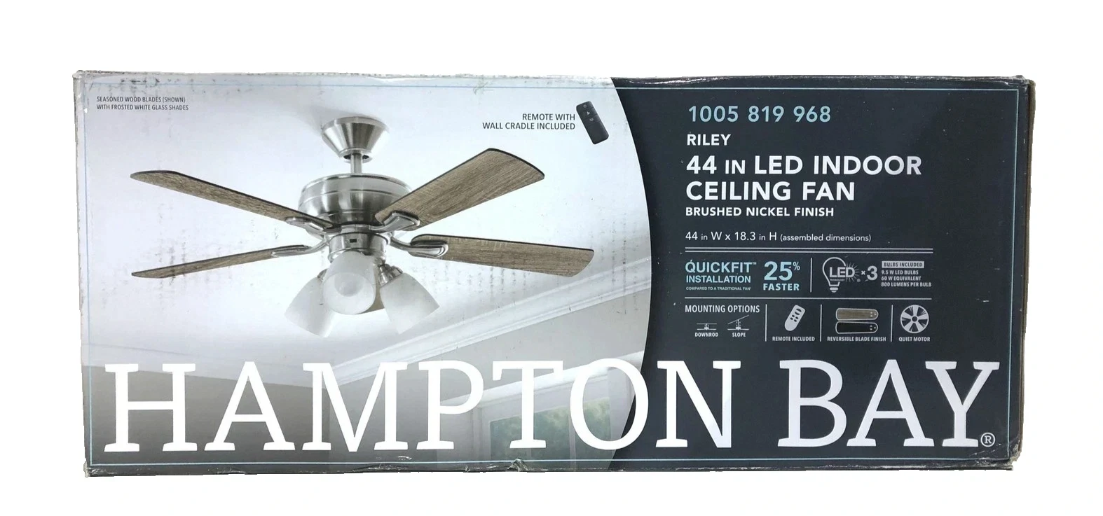 Hampton Bay Riley 44 in. Indoor LED Brushed Nickel Ceiling Fan with Remote Open Box