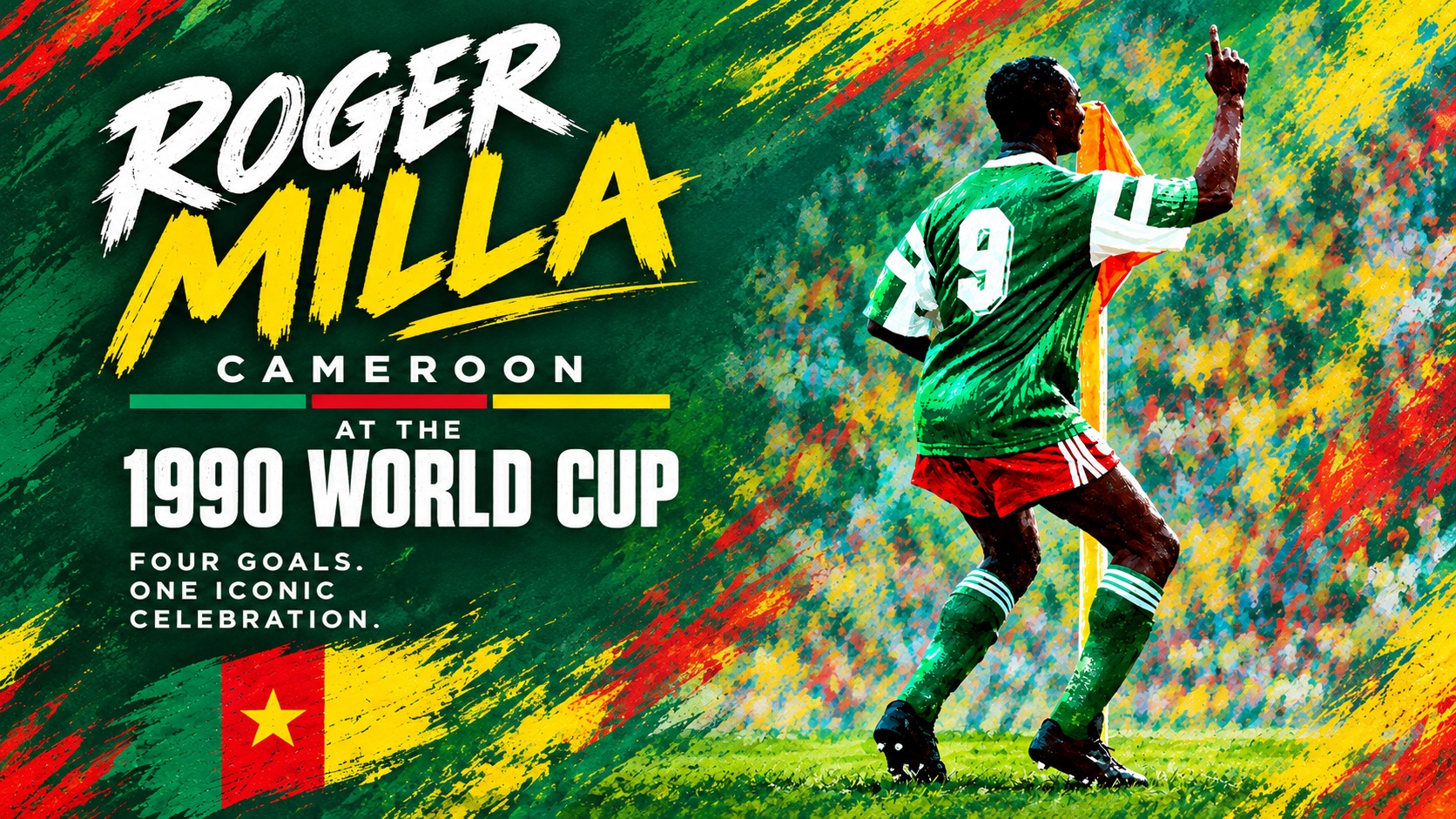 Roger Milla celebrating for Cameroon at the 1990 World Cup