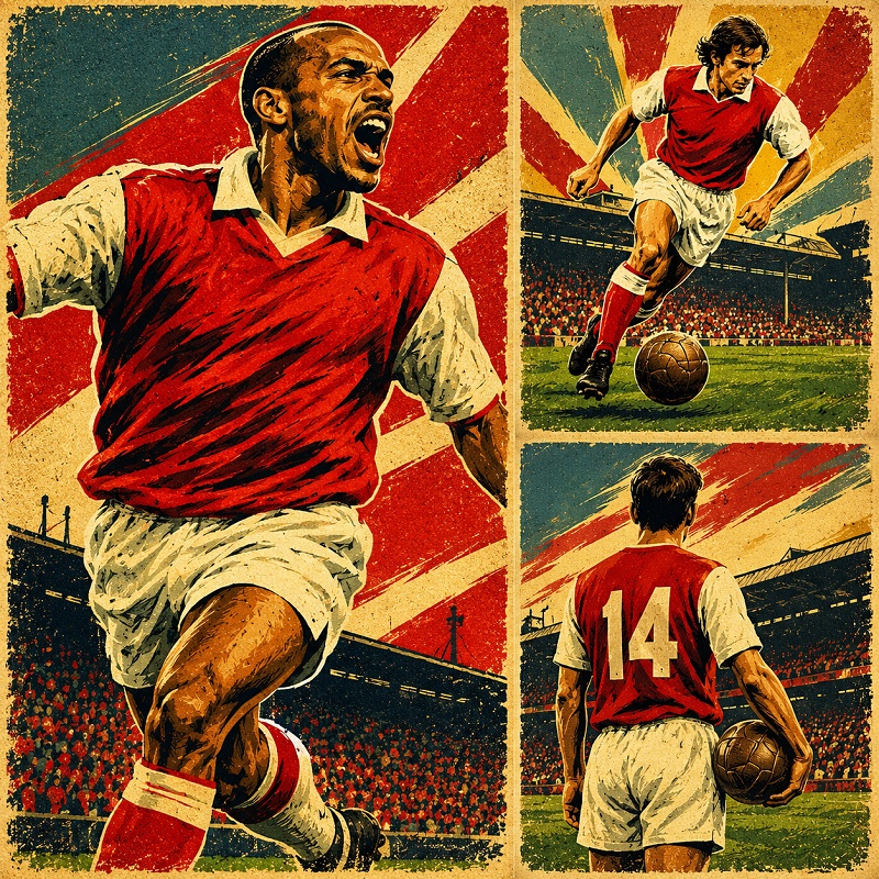 Vintage retro football artwork featuring three Arsenal-inspired players in red and white kits, shown celebrating, dribbling and holding a football in a classic stadium setting with distressed comic-style textures.