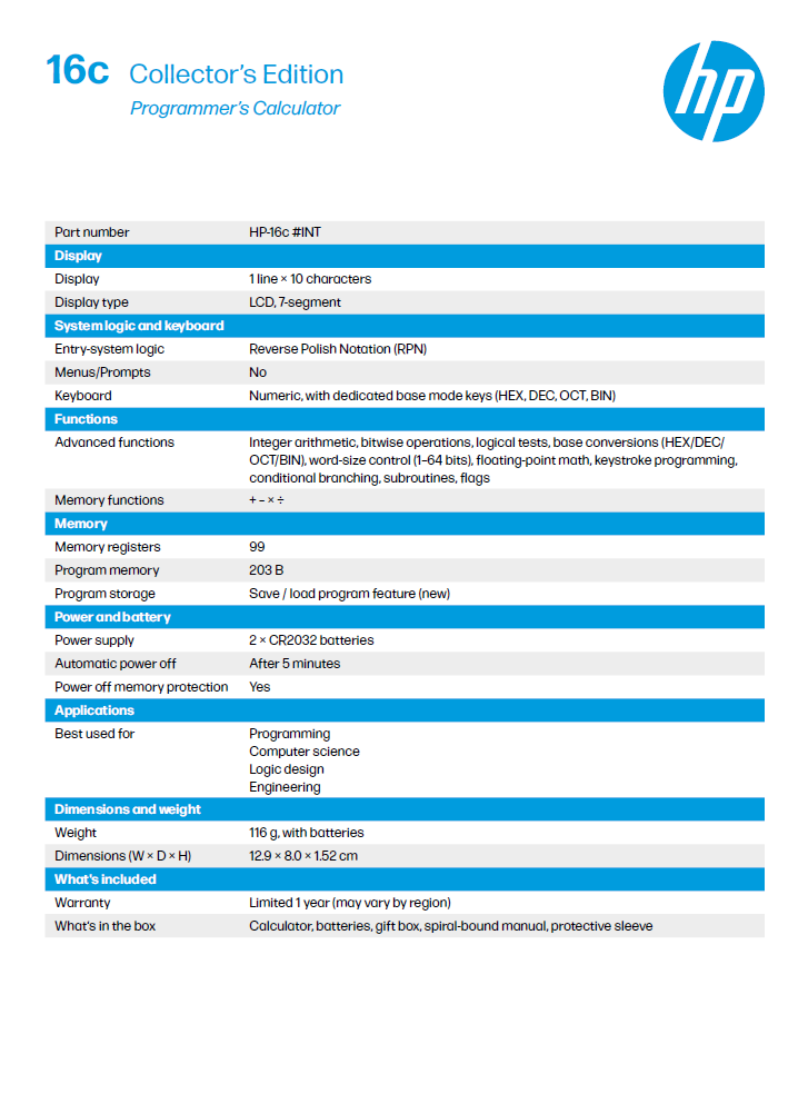 HP 16C Collector's Edition calculator specifications