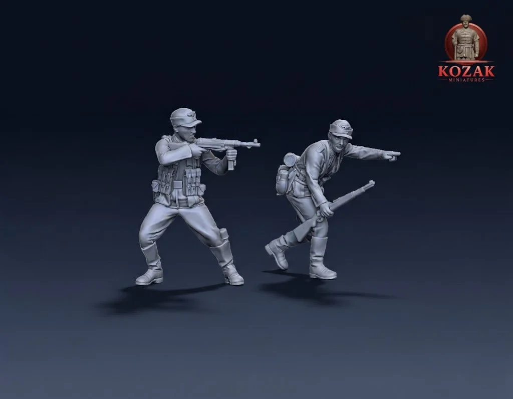 Early war German infantry in foeld caps firing scene - 172, 1/56 & 1/32 scale