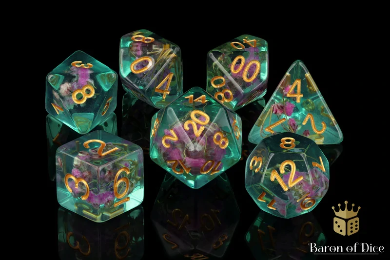Teal with Purple Flowers RPG Dice Set - 7 Pieces - Baron of Dice