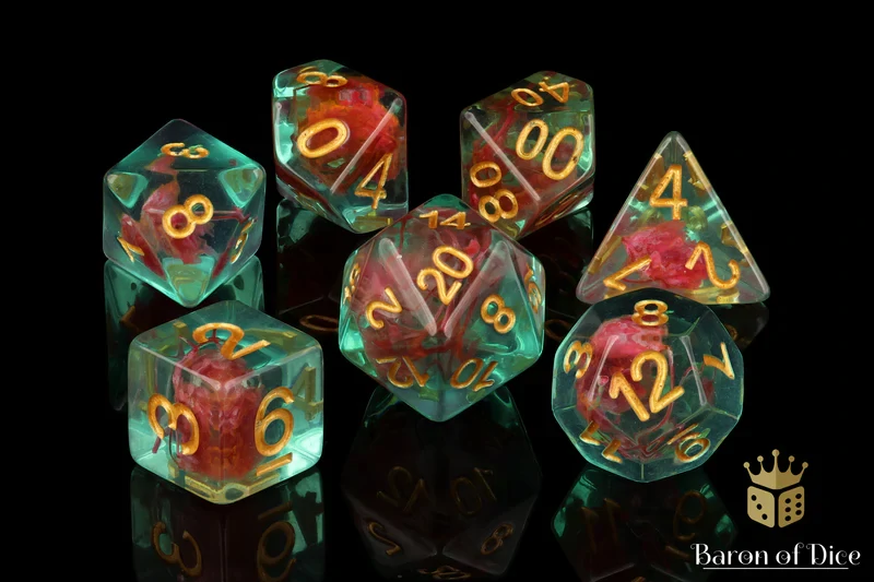 Teal with Red Flowers RPG Dice Set - 7 Pieces - Baron of Dice