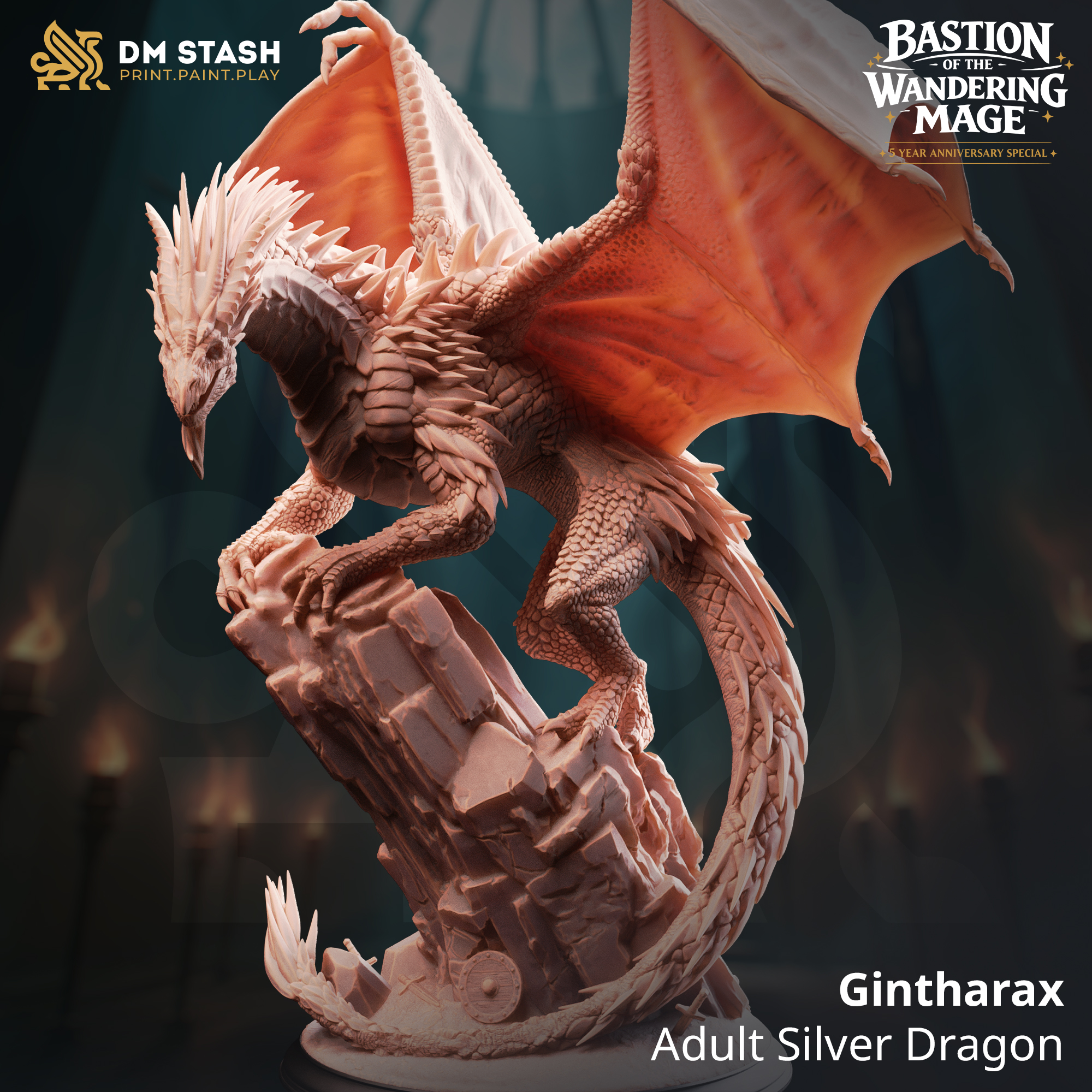 Gintharax - Adult Silver Dragon - 32mm RPG Model