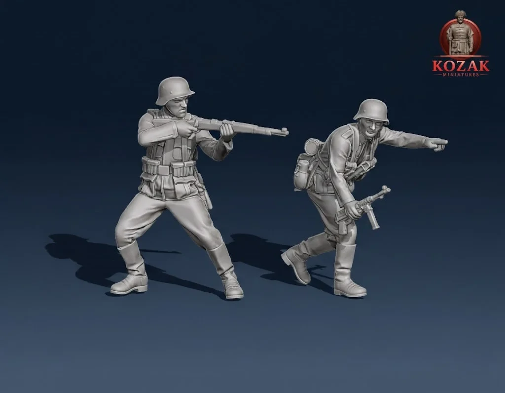 Early war German infantry firing scene - 172, 1/56 & 1/32 scale