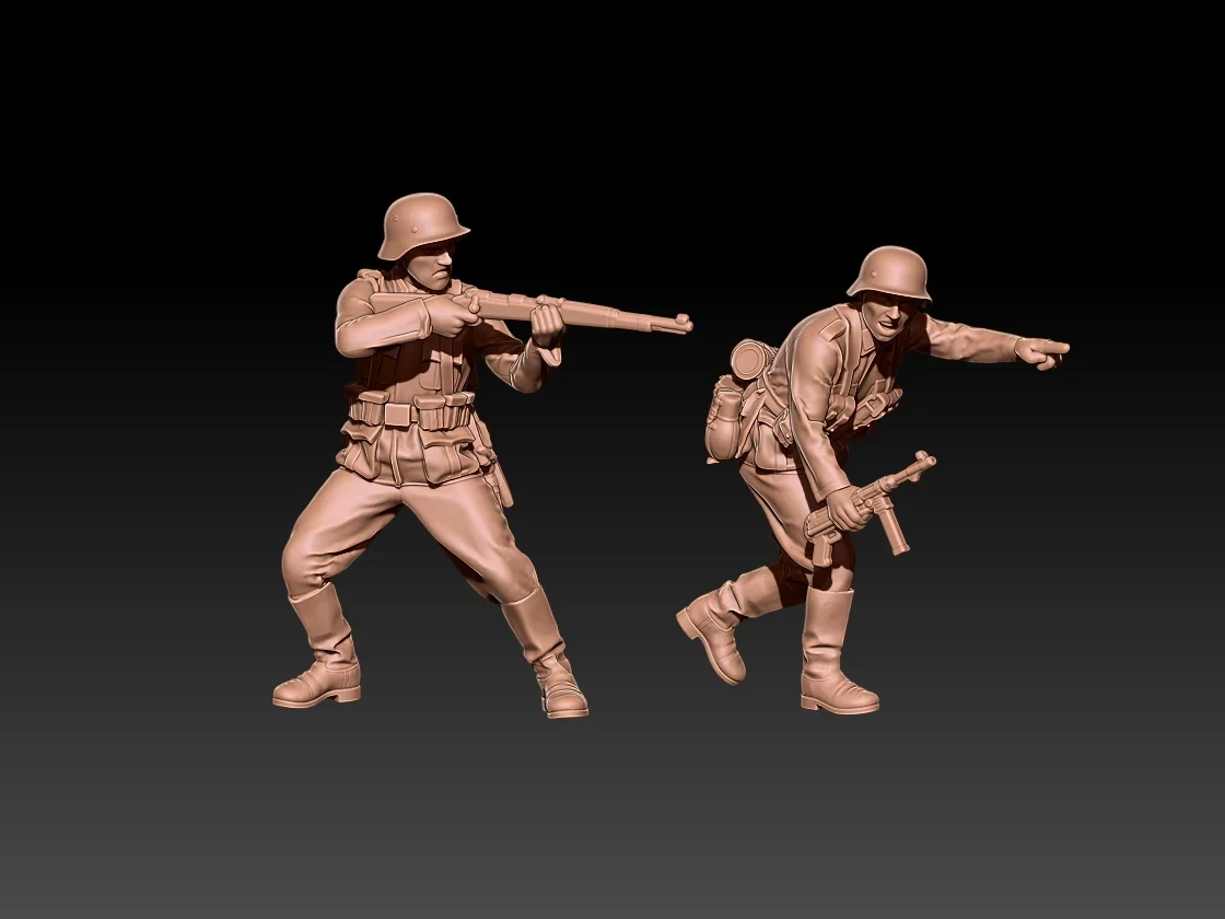 Early war German infantry firing scene - 172, 1/56 & 1/32 scale
