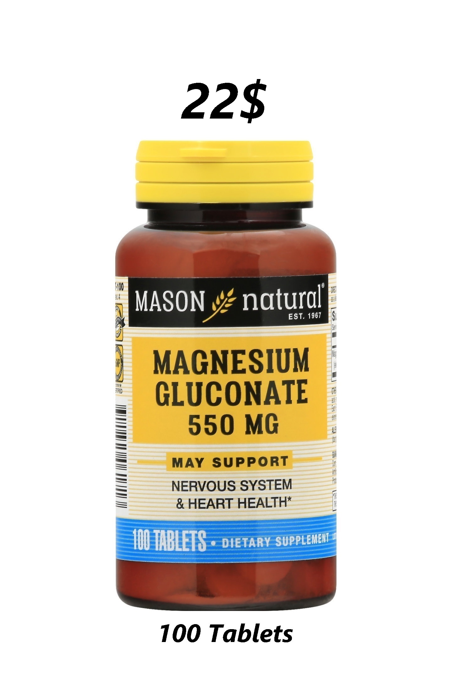 Magnesium Gluconate 550mg 100' Mason Natural
