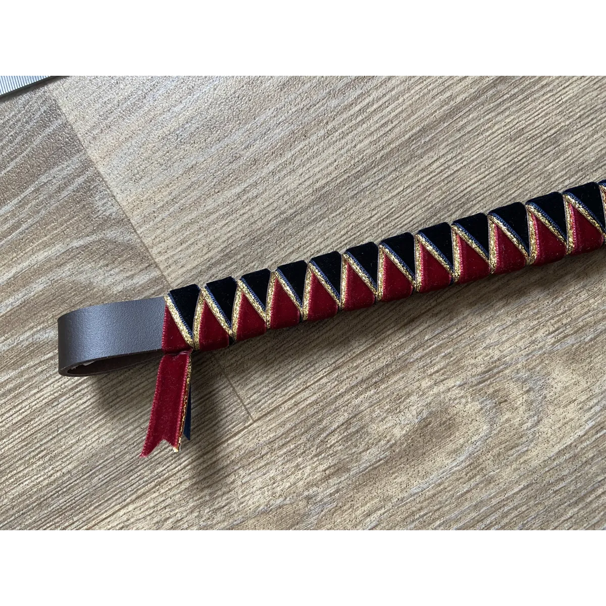 Navy and Burgundy Browband with Gold underlay.