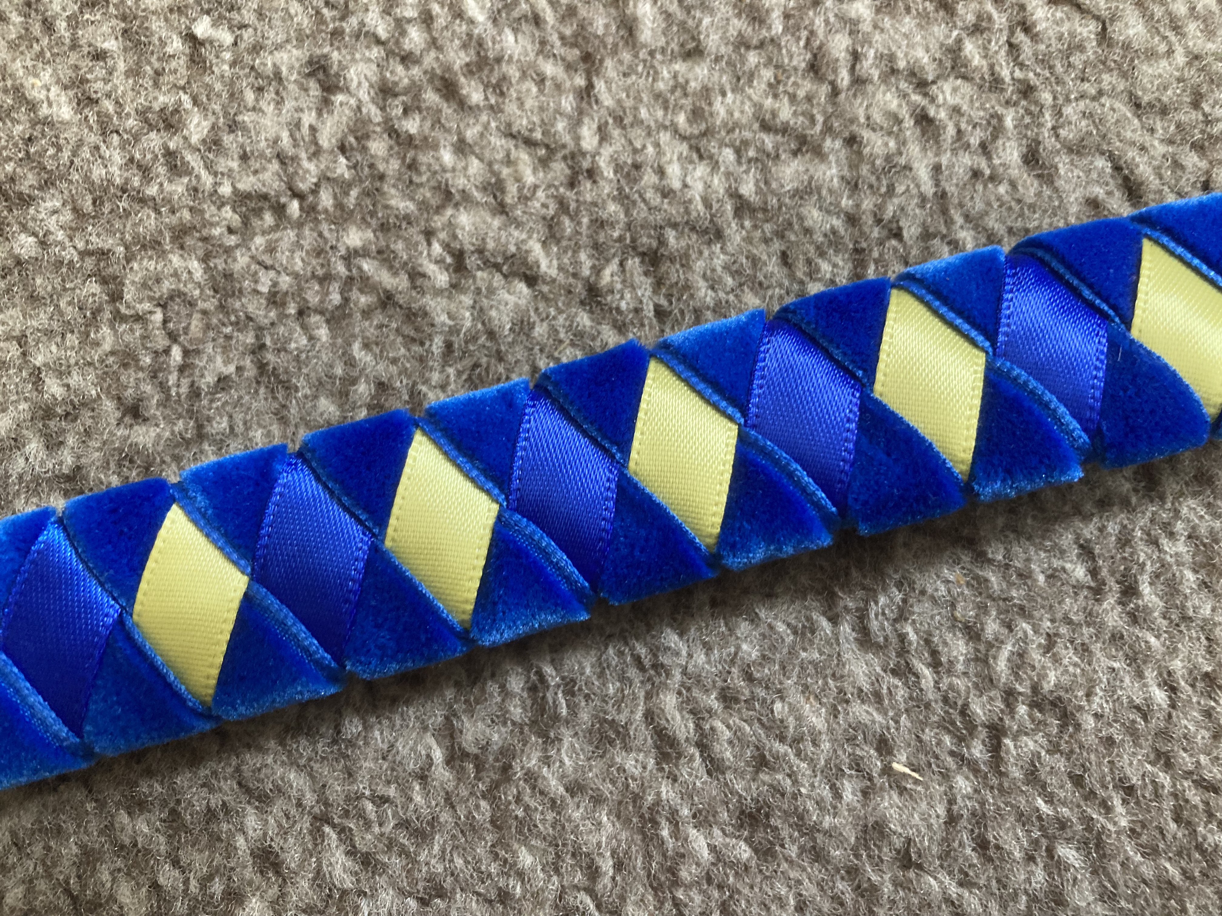 Royal Blue and Lemon Velvet and Satin Ribbon Browband 17” Black Leather.