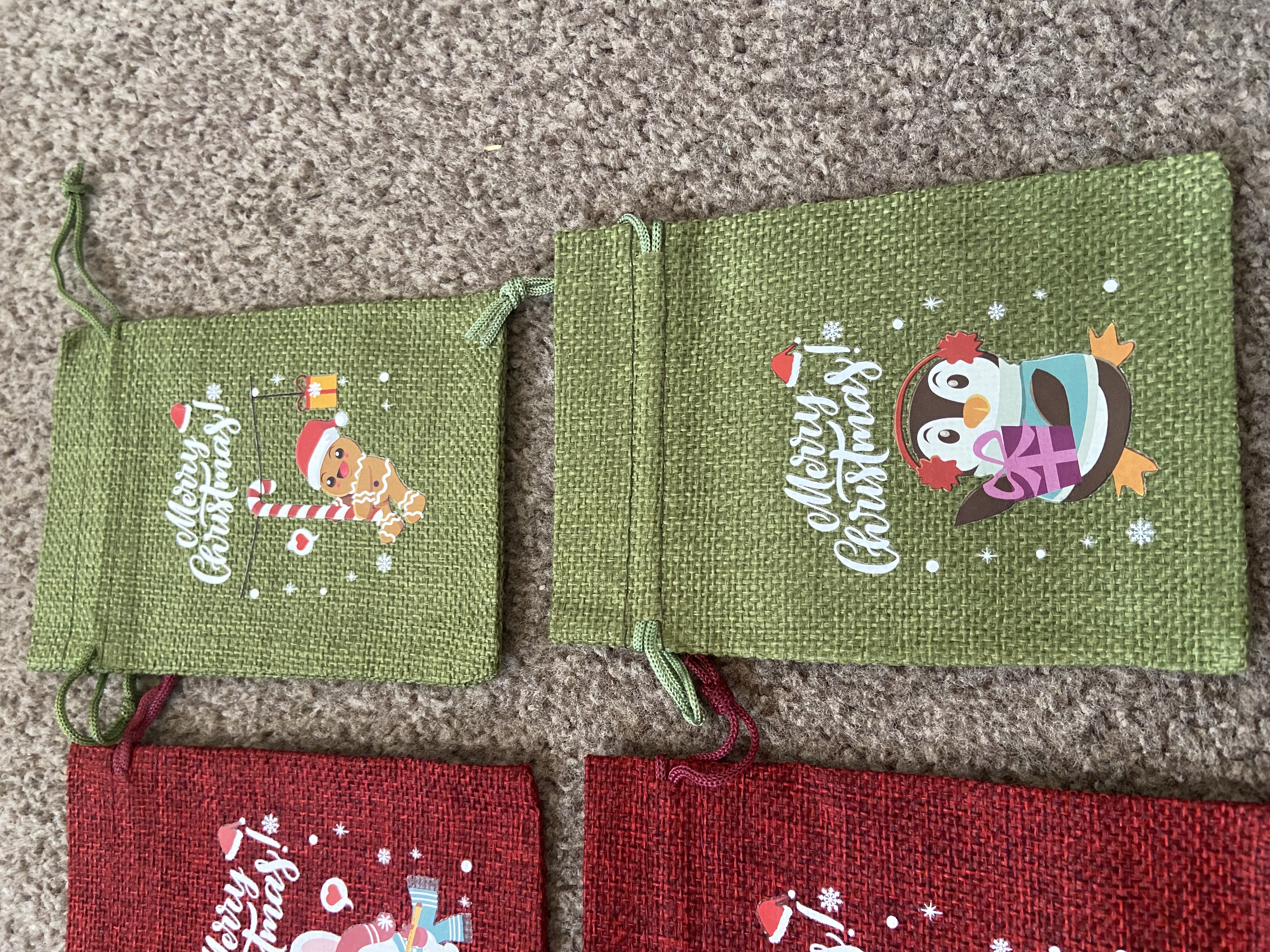 Hessian Xmas bags x 12. 5.5” x 4”.