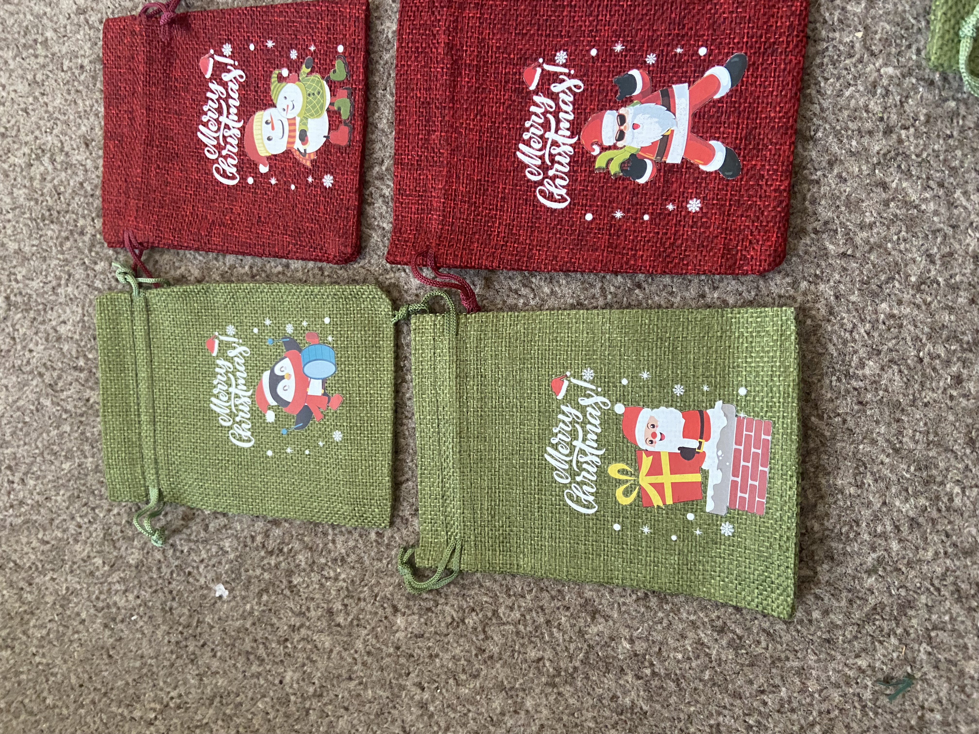 Hessian Xmas bags x 12. 5.5” x 4”.