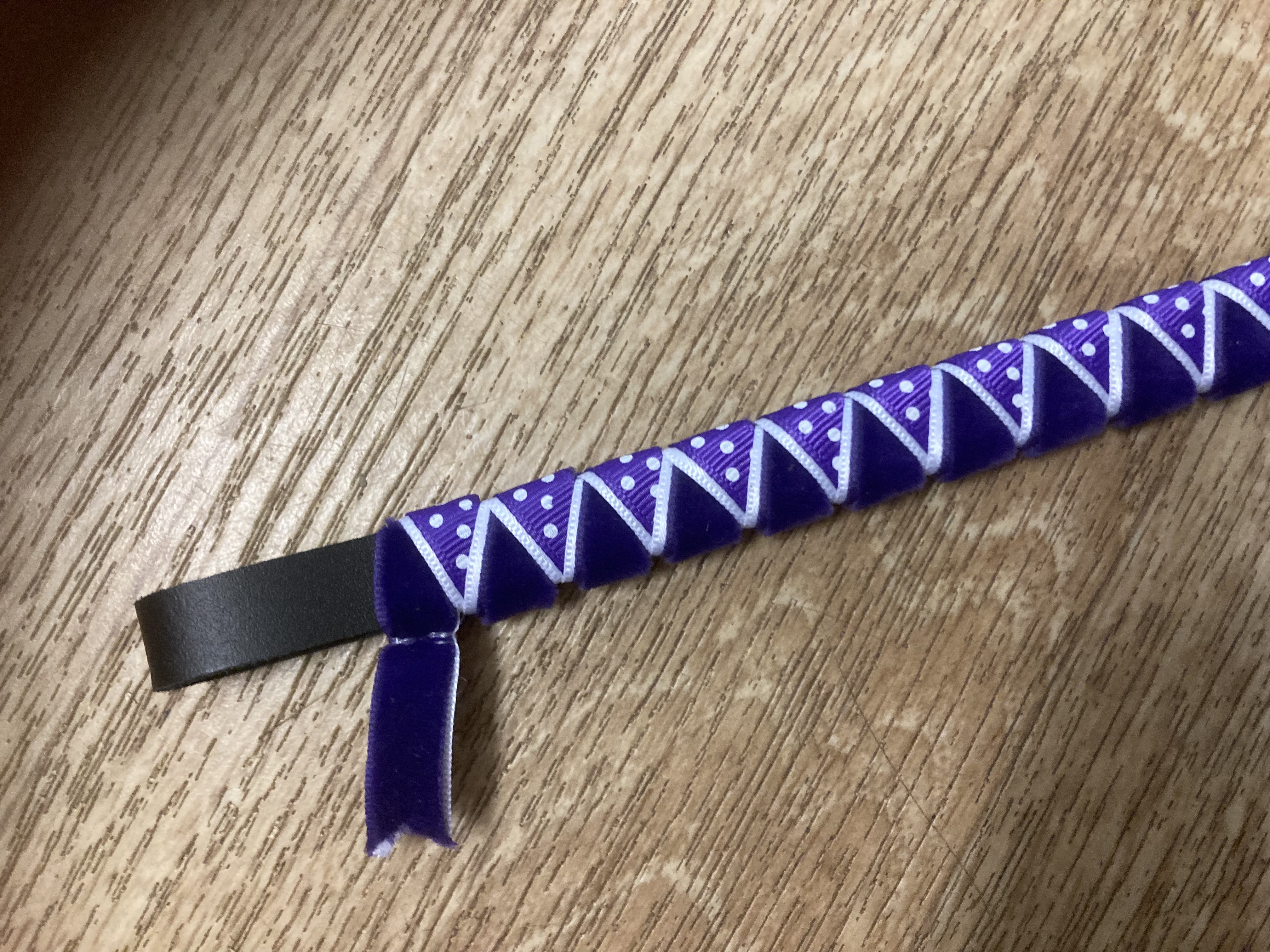 Purple polka browband. Black leather base. 16.5” Full size.