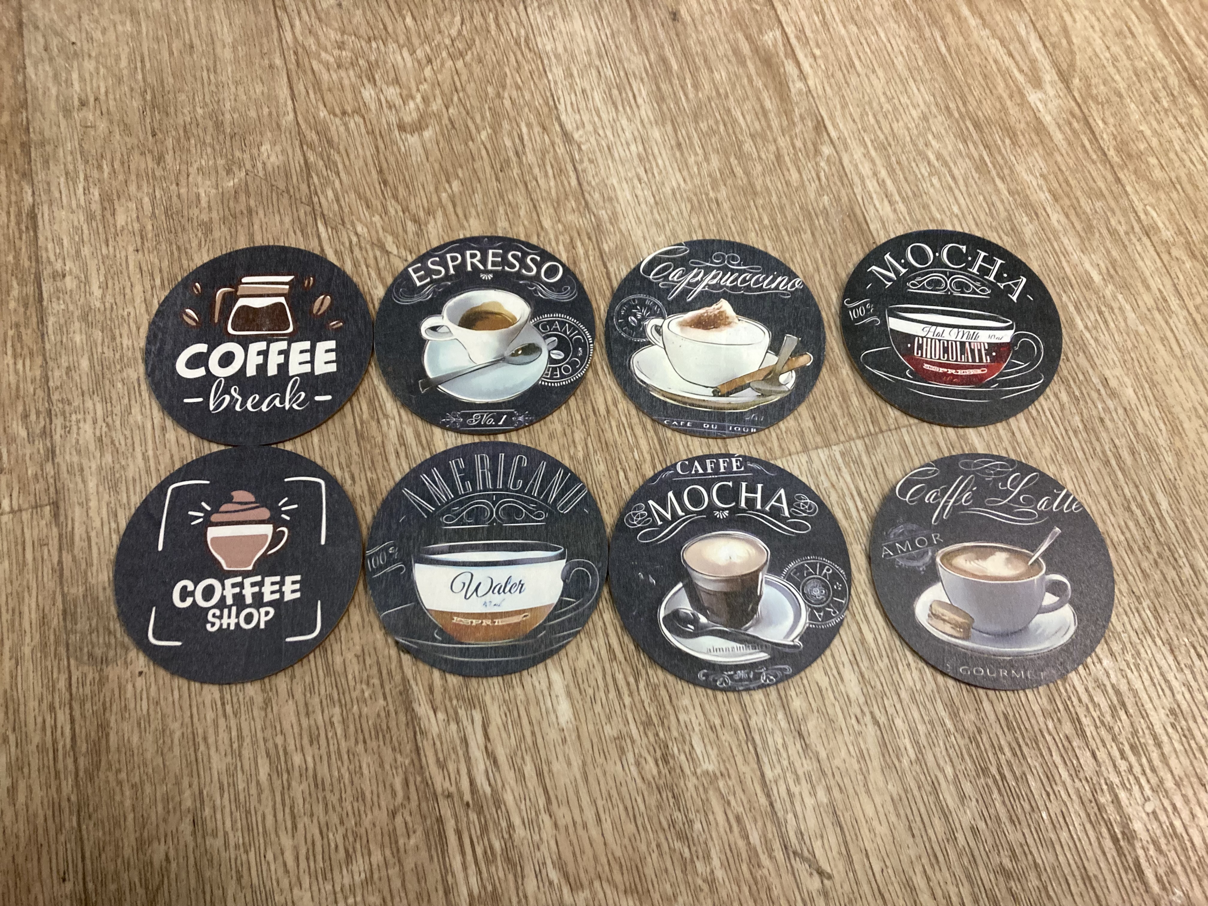 Set of 8 coffee themed coasters