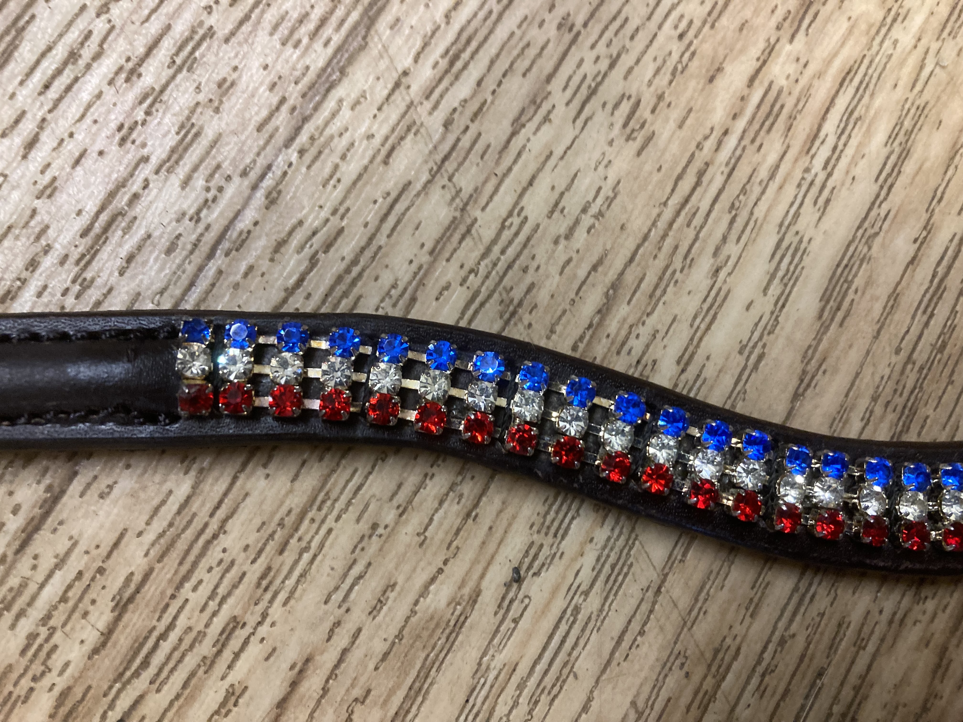 Diamante browbands. Cob or Full Size. Red/Clear/Blue stones.Black Leather.