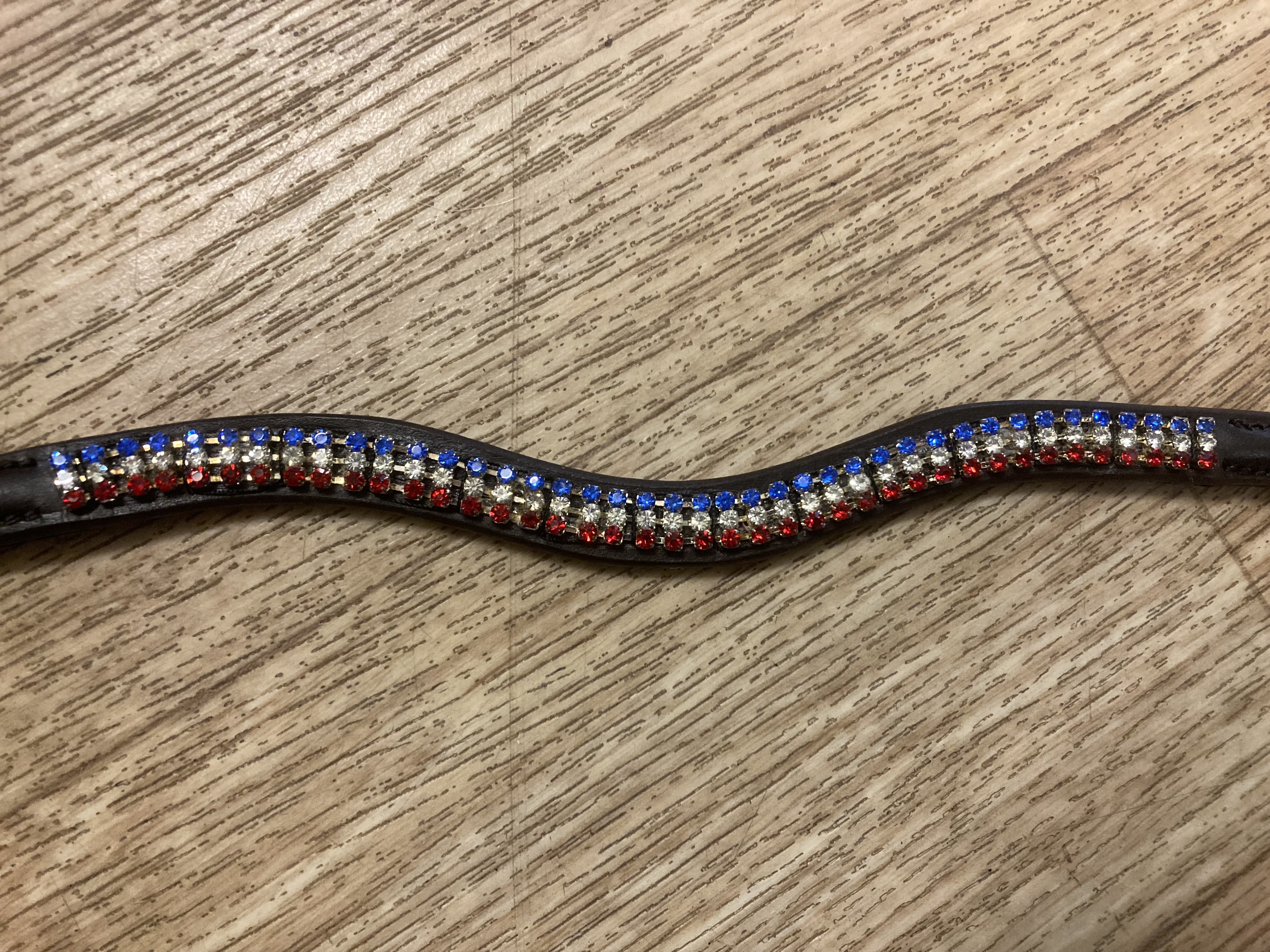 Diamante browbands. Cob or Full Size. Red/Clear/Blue stones.Black Leather.